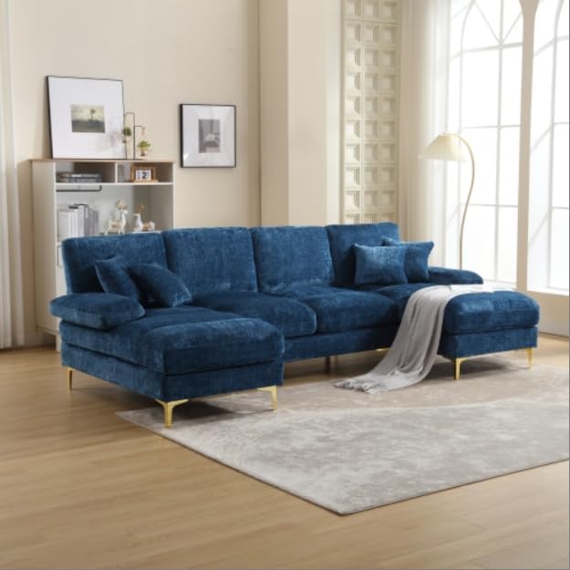 Sofa Soweiz, 272x136x88 cm, Blau, Moderne große Chenille-Stoff U-förmige Kombination