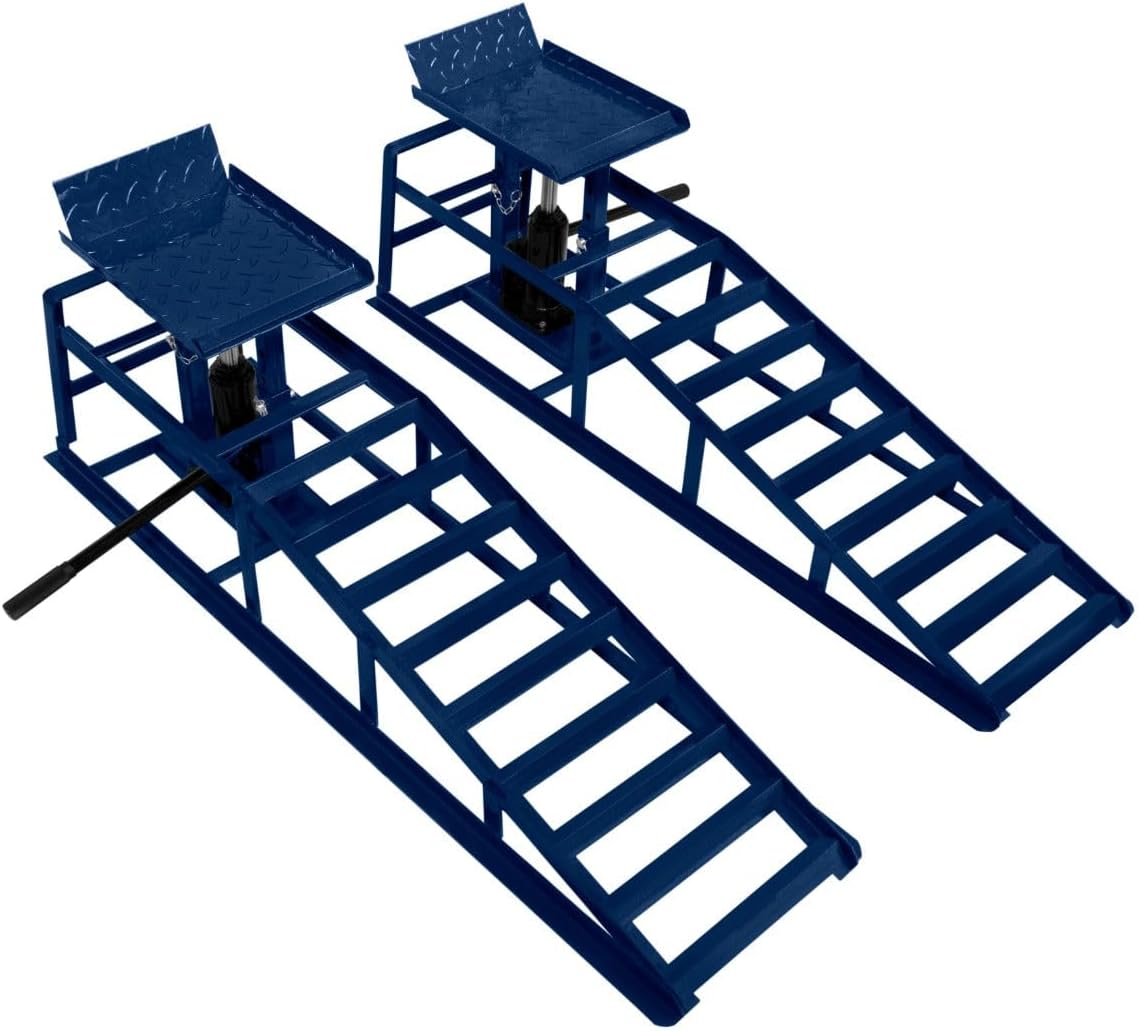 T-Mech Rampen, 34x26 cm, 3000 kg, 390 mm, 245 mm, Blau, 2x Auffahr Set mit hydraulischem Wagenheber 3T, Garage Werkstatt Auto PKW KFZ