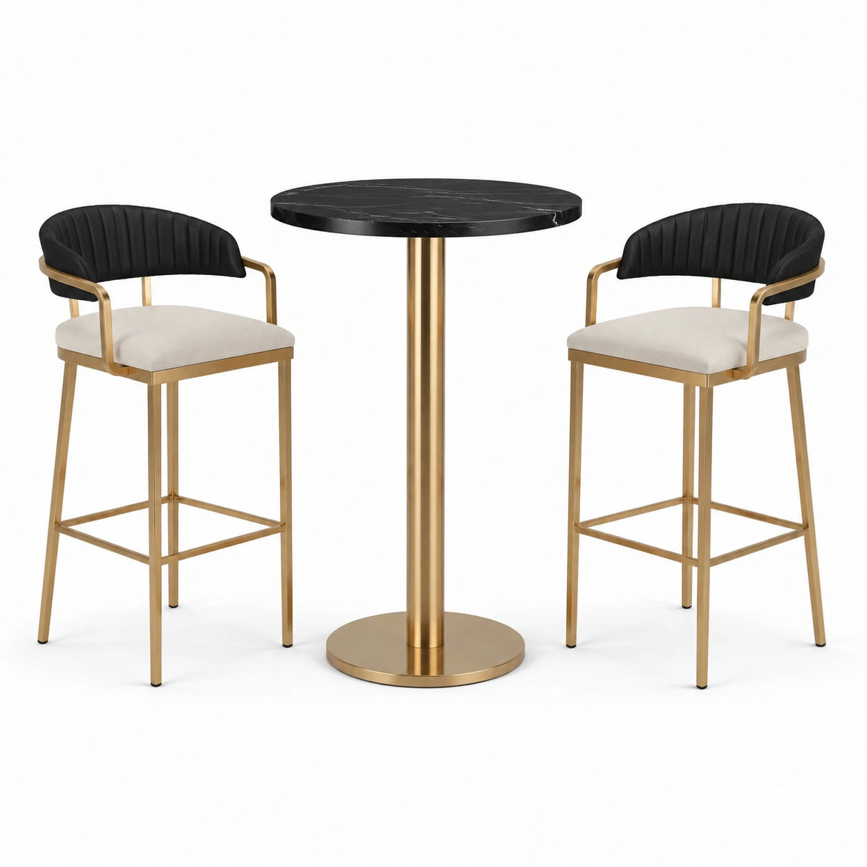 3-teiliges Bartisch-Set, Tisch Ø 80 × 105 cm, 2 Barstühle 55 × 52 × 100 cm, Schwarz, Beige und Gold