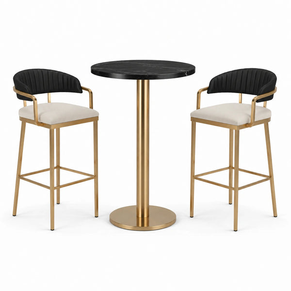 3-teiliges Bartisch-Set, Tisch Ø 80 × 105 cm, 2 Barstühle 55 × 52 × 100 cm, Schwarz, Beige und Gold