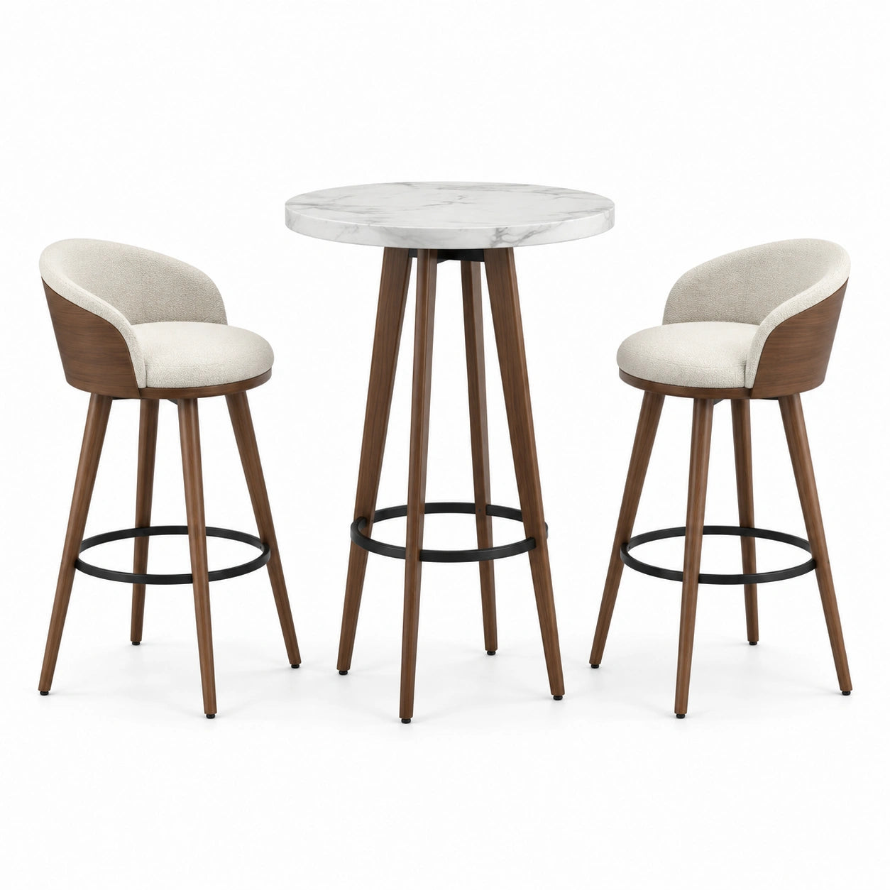 3-teiliges Bartisch-Set mit 2 gepolsterten Barstühlen, Tisch Ø 90 × H 105 cm, Stühle 52 × 52 × H 96 cm, Weiß-Braun-Cremeweiß-Schwarz