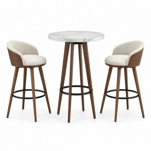 3-teiliges Bartisch-Set mit 2 gepolsterten Barstühlen, Tisch Ø 90 × H 105 cm, Stühle 52 × 52 × H 96 cm, Weiß-Braun-Cremeweiß-Schwarz