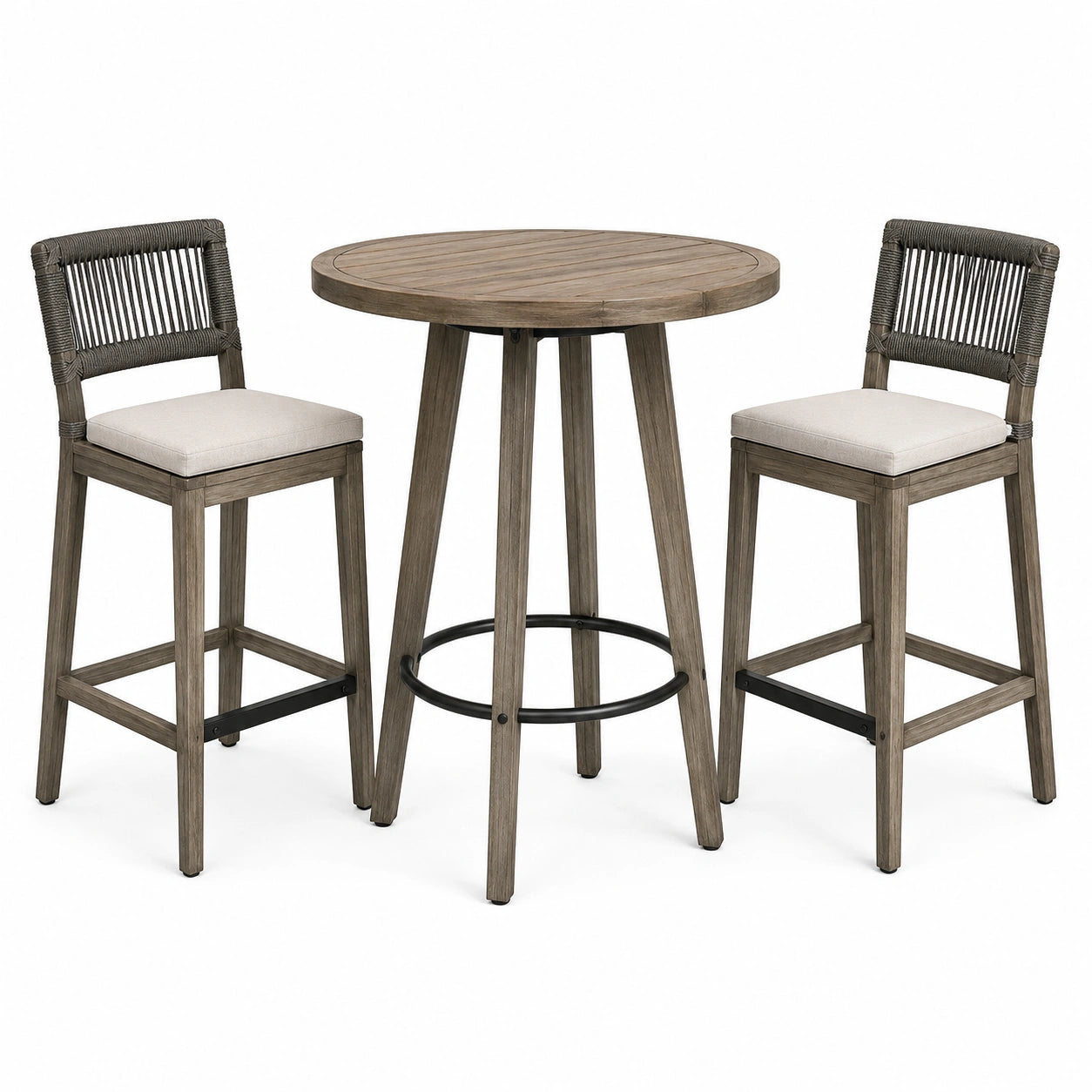 3-teiliges Gartenbar-Set Braun, Beige, Schwarz und Dunkelgrau – Bartisch Ø 90 × 95 cm mit 2 Barstühlen 49 × 54 × 105 cm