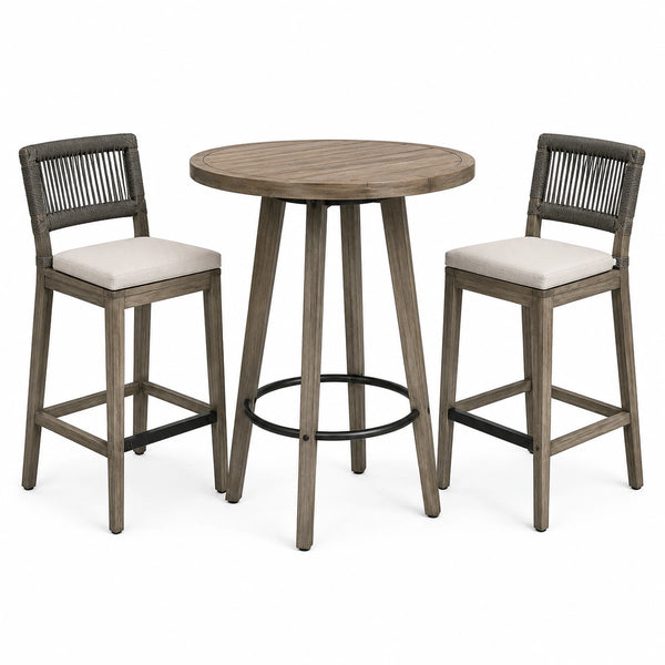 3-teiliges Gartenbar-Set Braun, Beige, Schwarz und Dunkelgrau – Bartisch Ø 90 × 95 cm mit 2 Barstühlen 49 × 54 × 105 cm