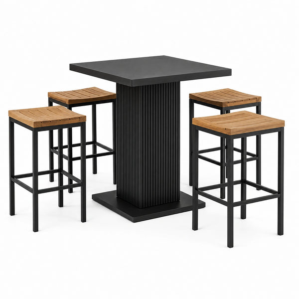 5-teiliges Bartisch-Set mit 4 Barhockern, Tisch 80 × 80 × 95 cm, Hocker 38 × 38 × 65 cm, Schwarz/Braun