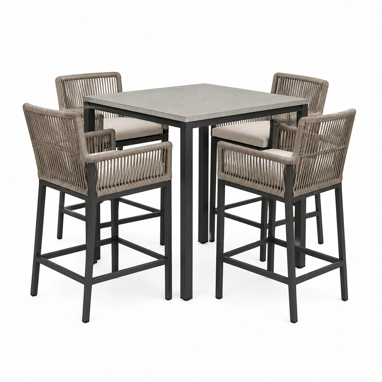 5-teiliges Gartenbar-Set Taupe, Anthrazit, Beige und Grau – Tisch 100 × 100 × 95 cm, 4 Armlehnstühle 57 × 60 × 105 cm