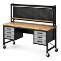 Mobile Werkbank mit 6 Schubladen, Lochwand, 2 Ablagen und Lenkrollen, 150 × 60 × 155 cm, Schwarz, Braun und Grau
