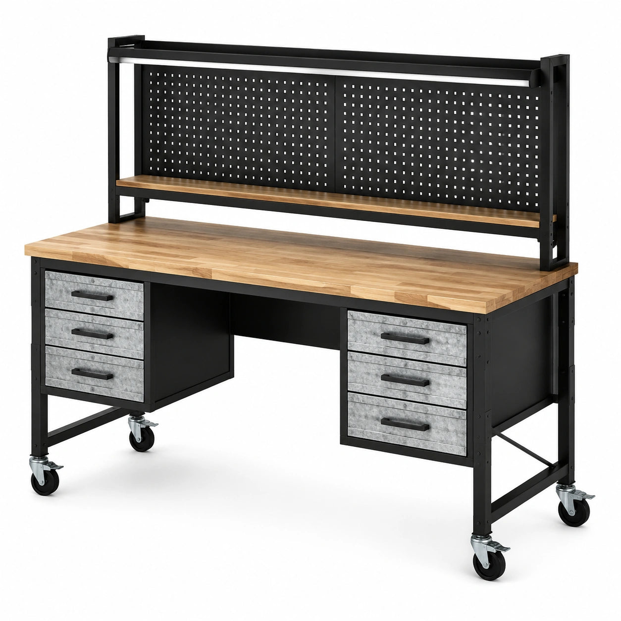 Mobile Werkbank mit 6 Schubladen, Lochwand, 2 Ablagen und Lenkrollen, 150 × 60 × 155 cm, Schwarz, Braun und Grau