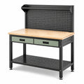 Werkbank mit Lochwand, 2 Schubladen und 2 Ablagen, 120 × 60 × 155 cm, Schwarz/Olivegrün/Natur