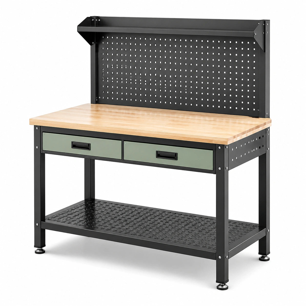 Werkbank mit Lochwand, 2 Schubladen und 2 Ablagen, 120 × 60 × 155 cm, Schwarz/Olivegrün/Natur