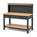 Werkbank aus Stahl und Holzwerkstoff mit Lochwand, 2 Schubladen und 2 Ablagen, Schwarz/Holzfarben, 120 × 60 × 150 cm