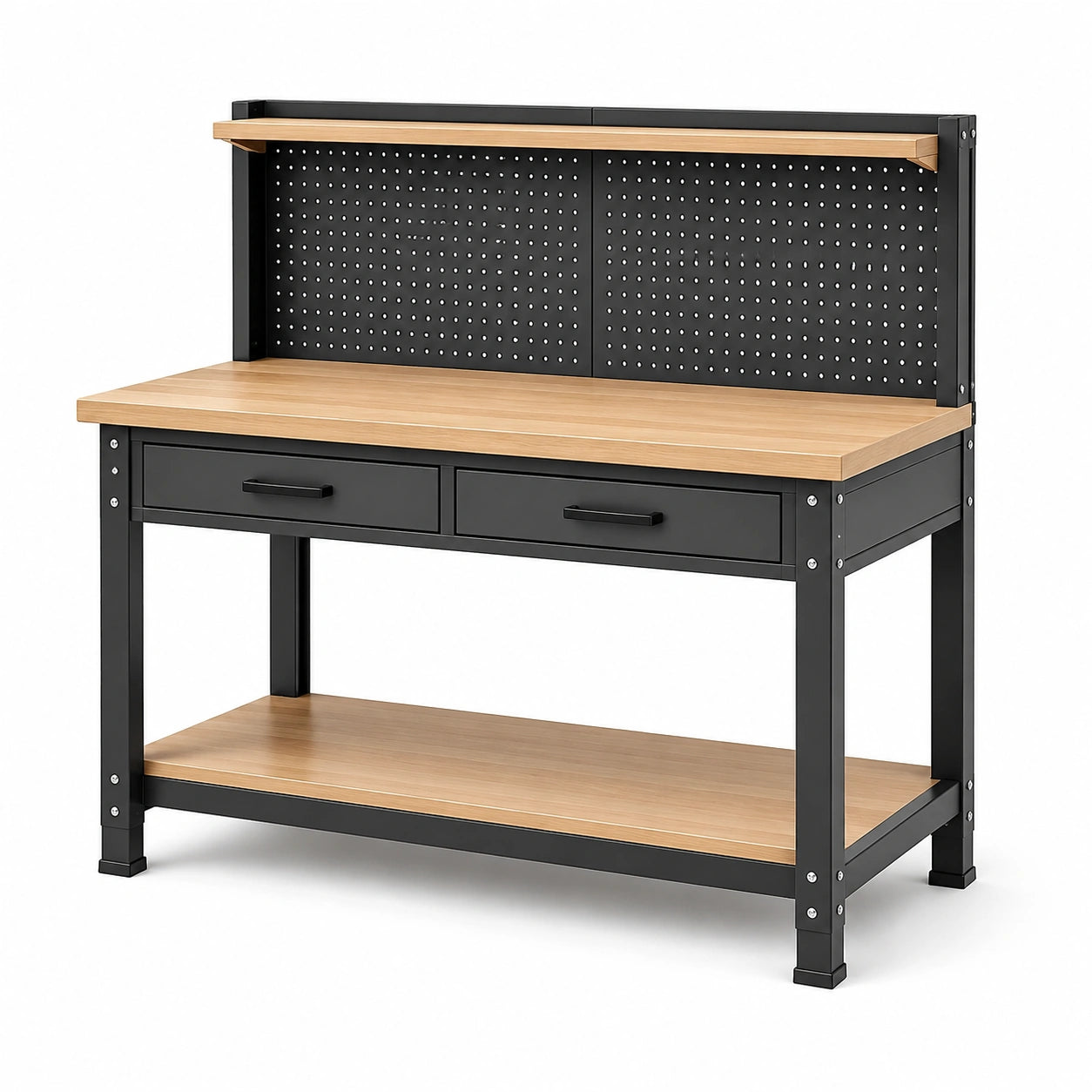 Werkbank aus Stahl und Holzwerkstoff mit Lochwand, 2 Schubladen und 2 Ablagen, Schwarz/Holzfarben, 120 × 60 × 150 cm