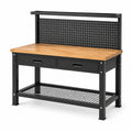 Werkbank aus Stahl und Holz mit Lochwand, 2 Schubladen und Gitterablage, 120 × 60 × 150 cm, Schwarz/Natur