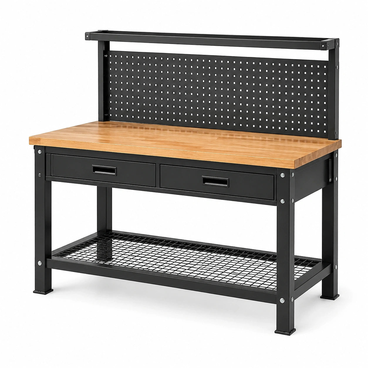 Werkbank aus Stahl und Holz mit Lochwand, 2 Schubladen und Gitterablage, 120 × 60 × 150 cm, Schwarz/Natur
