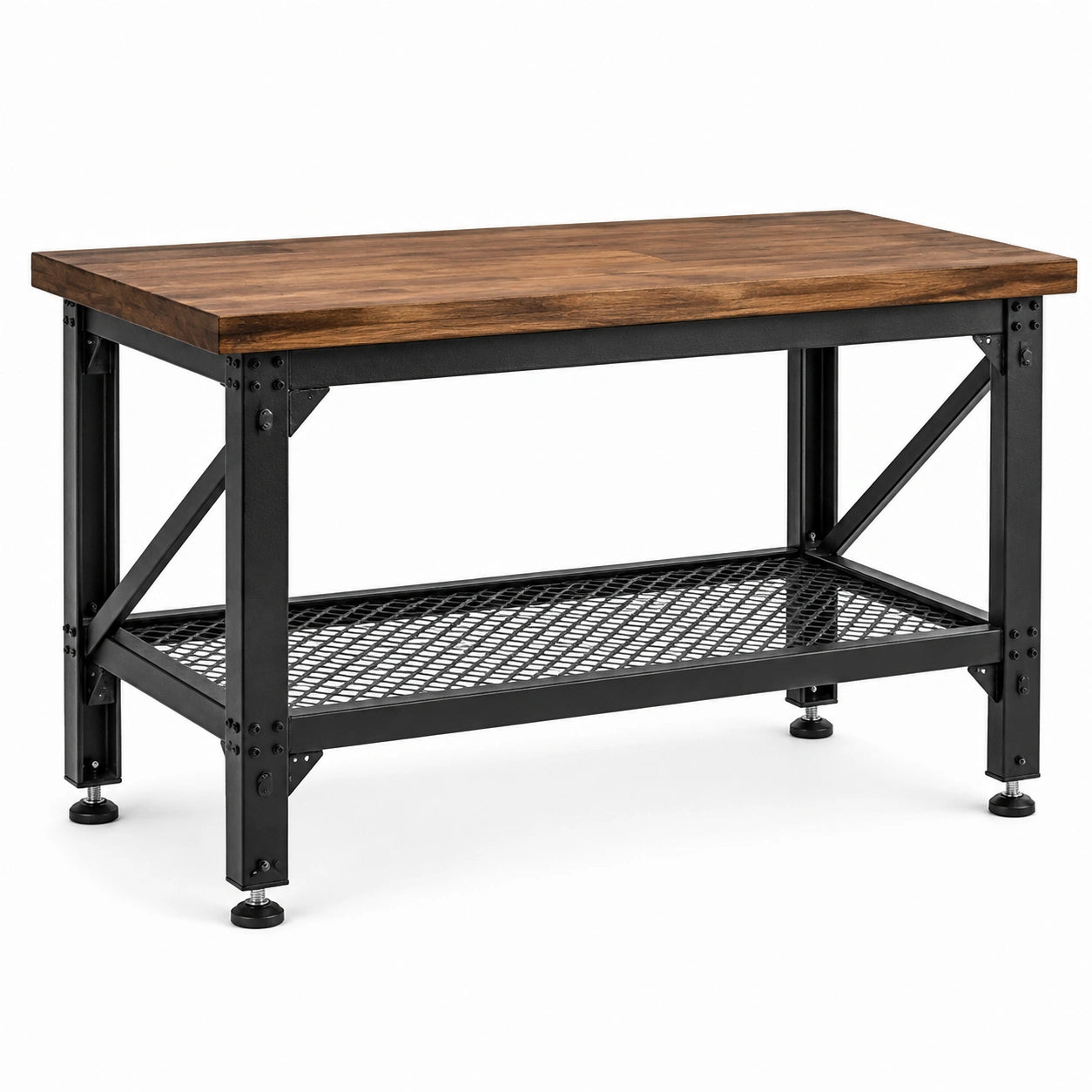 Werkbank mit Holzarbeitsplatte und Gitterablage, 120 × 60 × 90 cm, Braun/Schwarz