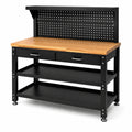 Werkbank mit Lochwand, 2 Schubladen und 3 Ablagen, 120 × 60 × 150 cm, Schwarz, Naturfarben und Silberfarben