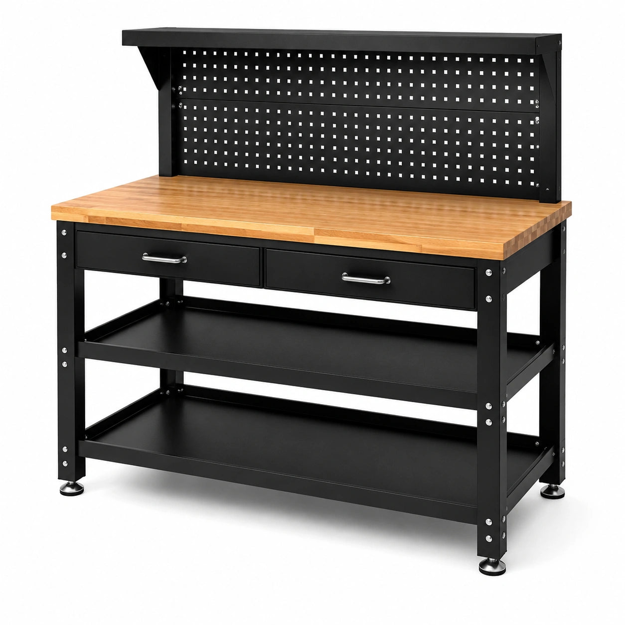 Werkbank mit Lochwand, 2 Schubladen und 3 Ablagen, 120 × 60 × 150 cm, Schwarz, Naturfarben und Silberfarben