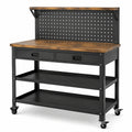 Mobile Werkbank aus Stahl und Holzwerkstoff, Schwarz-Braun, 120 × 60 × 155 cm, mit Lochwand, 2 Schubladen, 3 Ablagen und Rollen