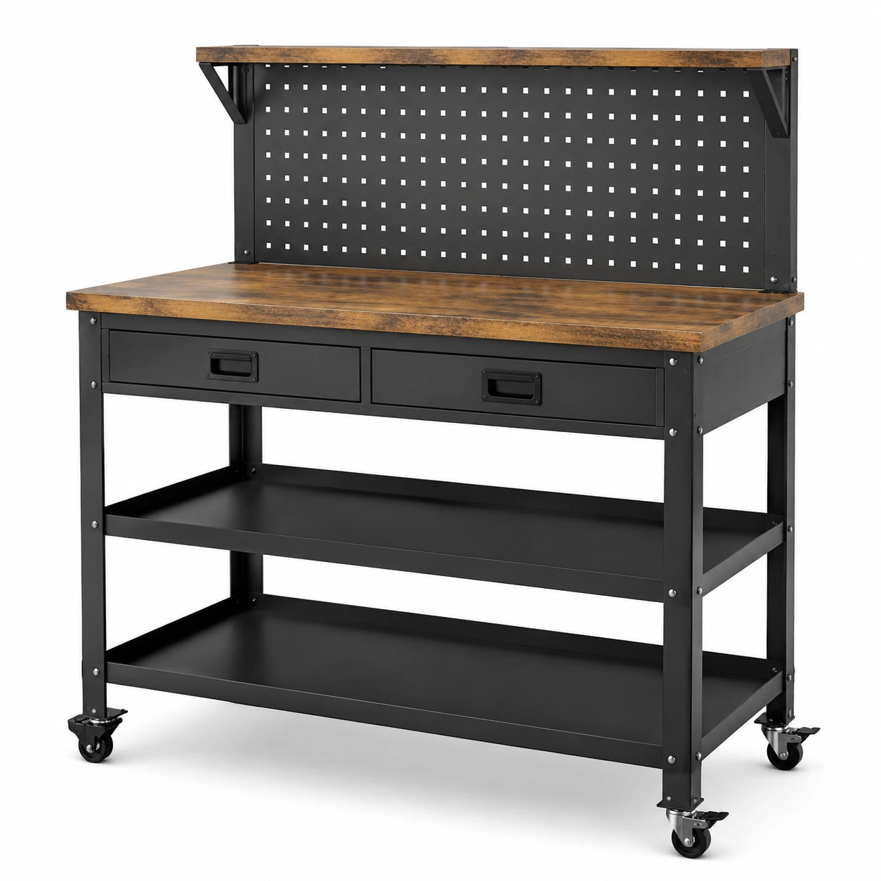 Mobile Werkbank aus Stahl und Holzwerkstoff, Schwarz-Braun, 120 × 60 × 155 cm, mit Lochwand, 2 Schubladen, 3 Ablagen und Rollen