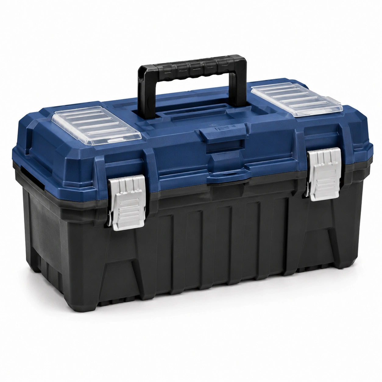 Tragbarer Werkzeugkoffer aus Kunststoff, 48 × 25 × 24 cm, Blau-Schwarz, mit transparenten Kleinteilefächern