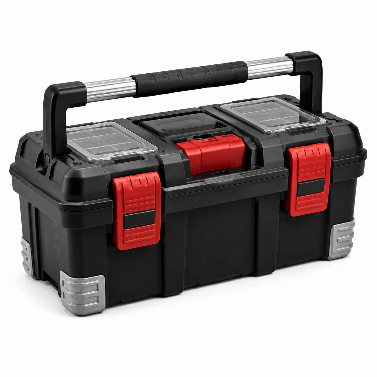 Robuster Werkzeugkoffer aus Kunststoff, 50 × 26 × 27 cm, Schwarz-Rot, mit Tragegriff und transparenten Deckelfächern