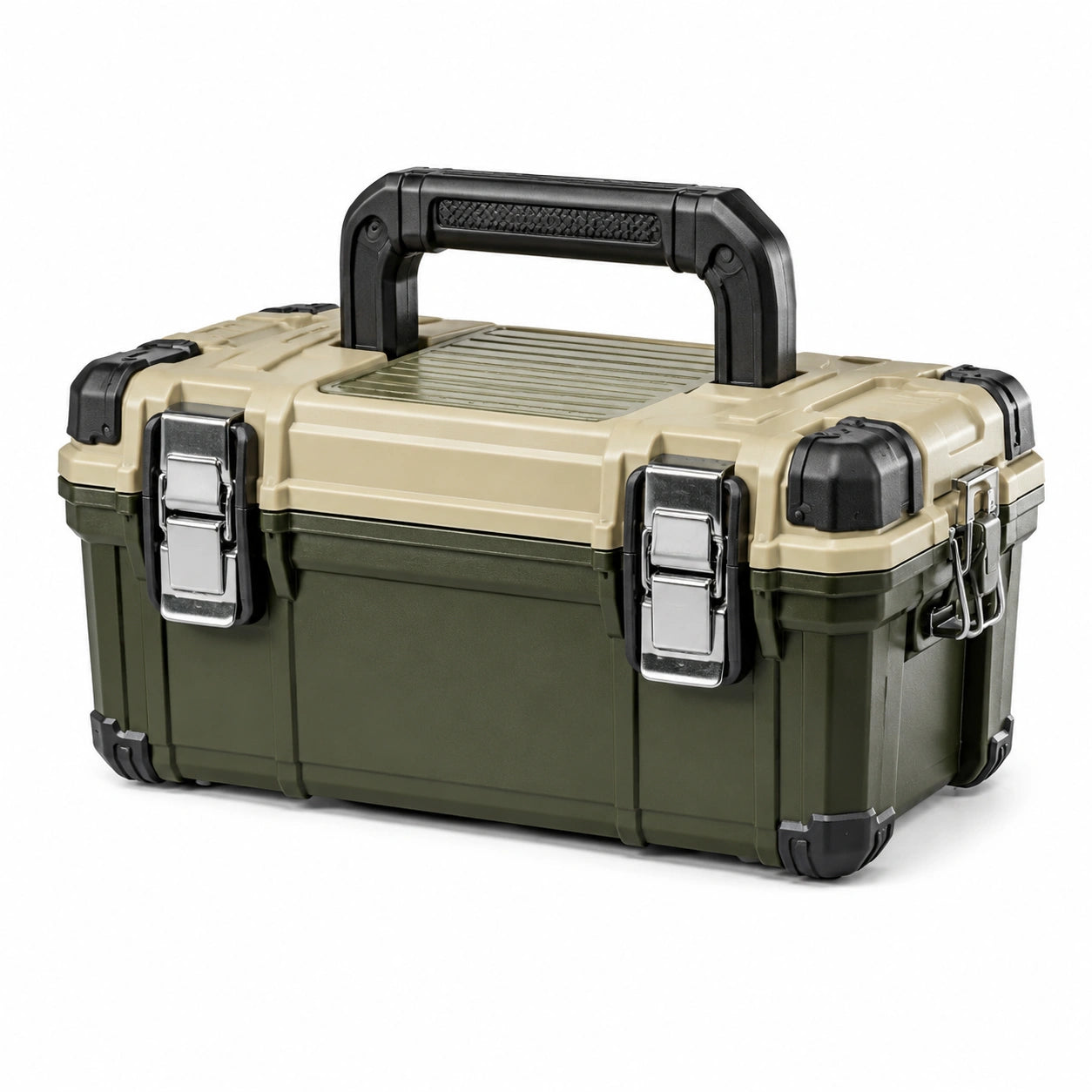 Tragbarer Werkzeugkoffer aus Kunststoff und Metall, 58 × 35 × 34 cm, Olivgrün/Beige/Schwarz/Silberfarben, mit Klappgriff