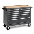 Werkstattwagen aus grauem Stahl mit Bambus-Arbeitsplatte und 11 Schubladen, 122 × 49 × 95 cm