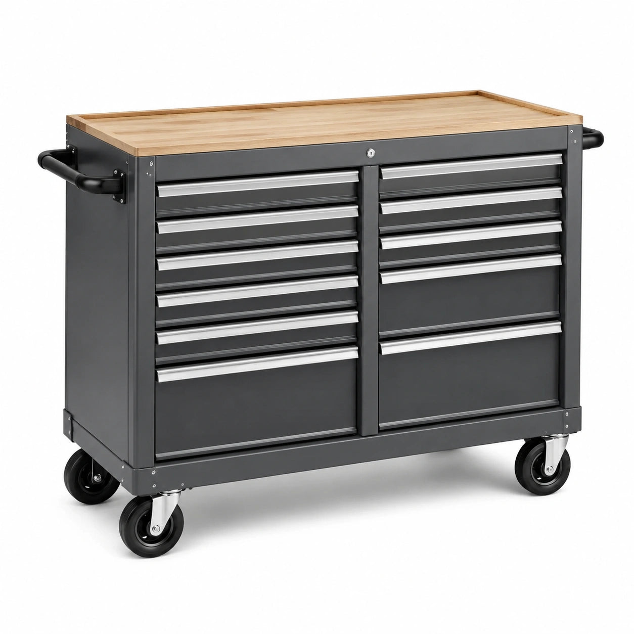 Werkstattwagen aus grauem Stahl mit Bambus-Arbeitsplatte und 11 Schubladen, 122 × 49 × 95 cm