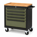 Werkzeugwagen aus Stahl mit 5 Schubladen, Holzarbeitsplatte und Rollen, 77 × 46 × 89 cm, Olivgrün/Schwarz/Natur
