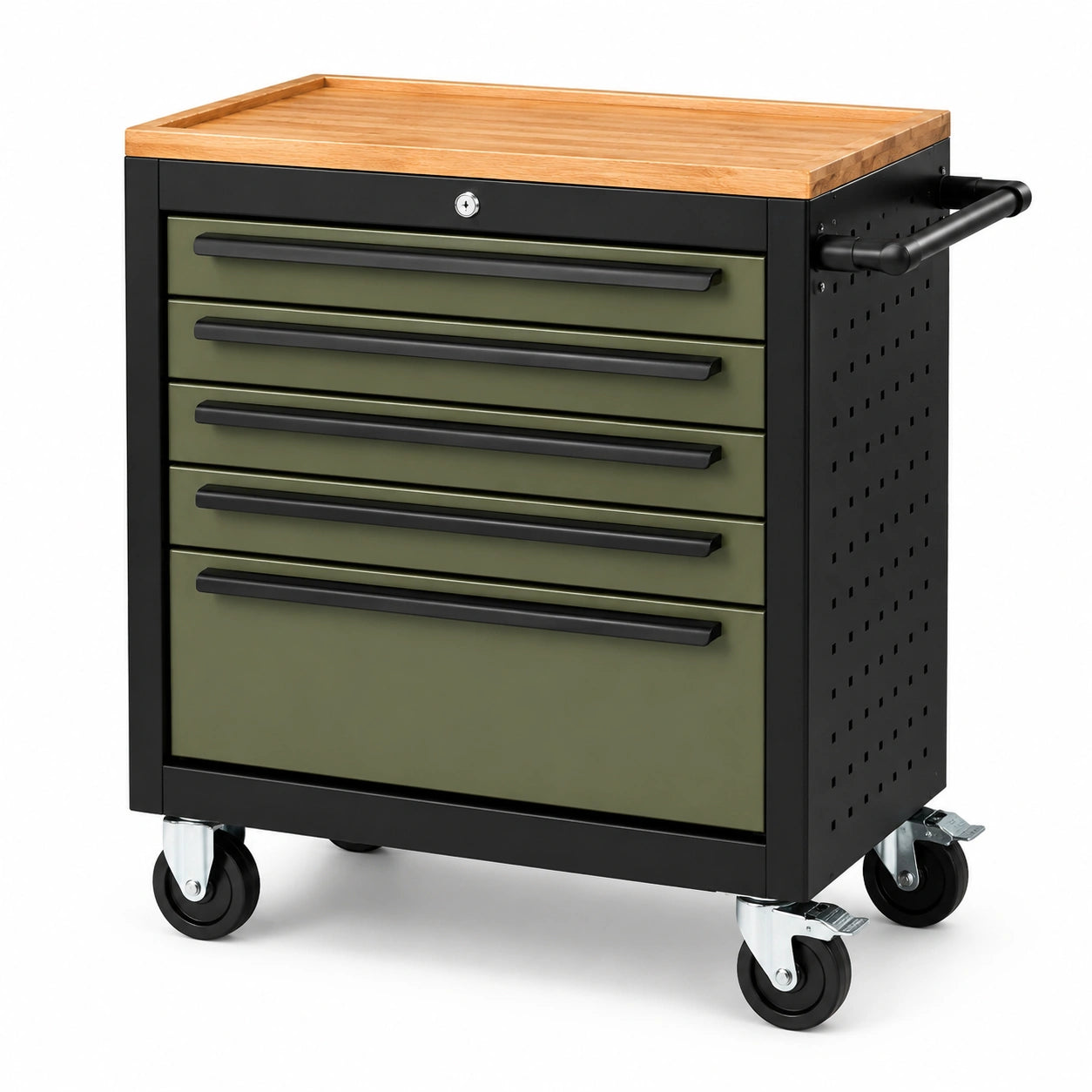 Werkzeugwagen aus Stahl mit 5 Schubladen, Holzarbeitsplatte und Rollen, 77 × 46 × 89 cm, Olivgrün/Schwarz/Natur