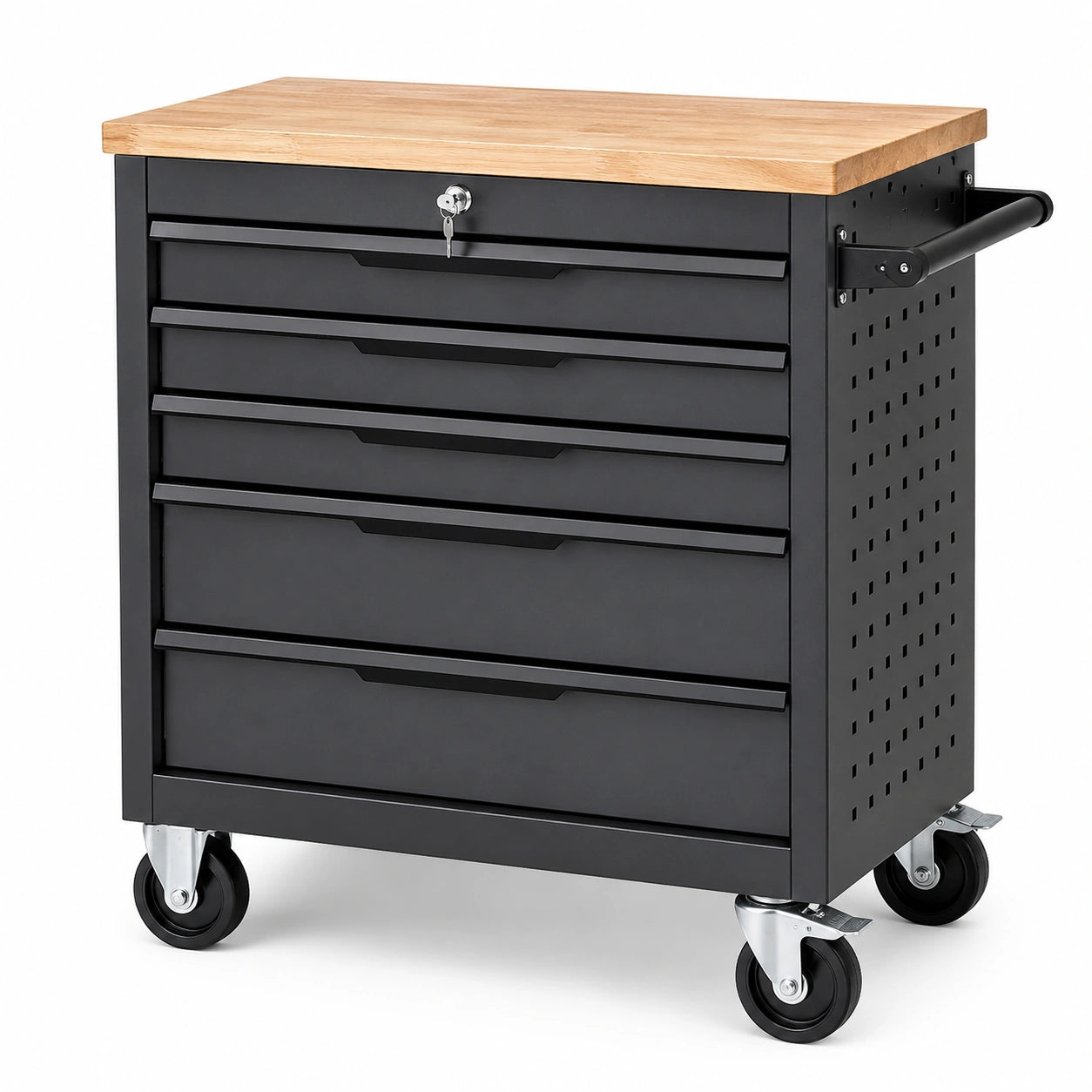Mobiler abschließbarer Werkzeugwagen mit 5 Schubladen, Schwarz/Natur, 77 × 46 × 89 cm