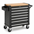 Abschließbarer Werkzeugwagen aus Stahl und Holz, Schwarz/Silber/Natur, 100 × 46 × 91 cm, mit 7 Schubladen und 4 Lenkrollen