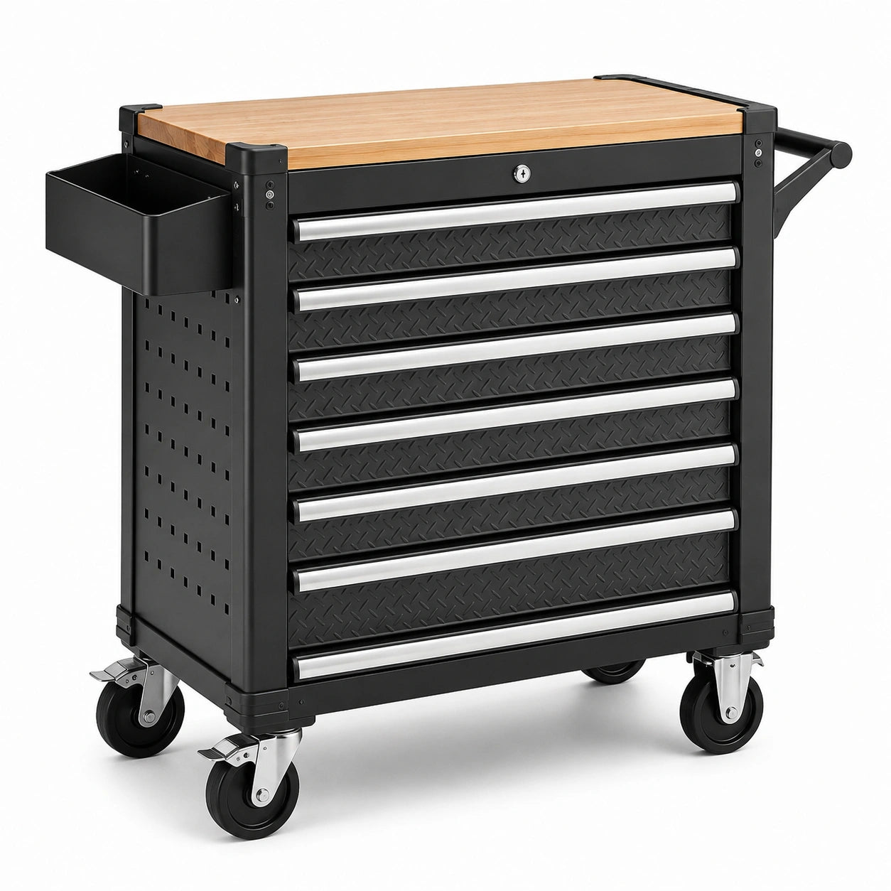 Abschließbarer Werkzeugwagen aus Stahl und Holz, Schwarz/Silber/Natur, 100 × 46 × 91 cm, mit 7 Schubladen und 4 Lenkrollen