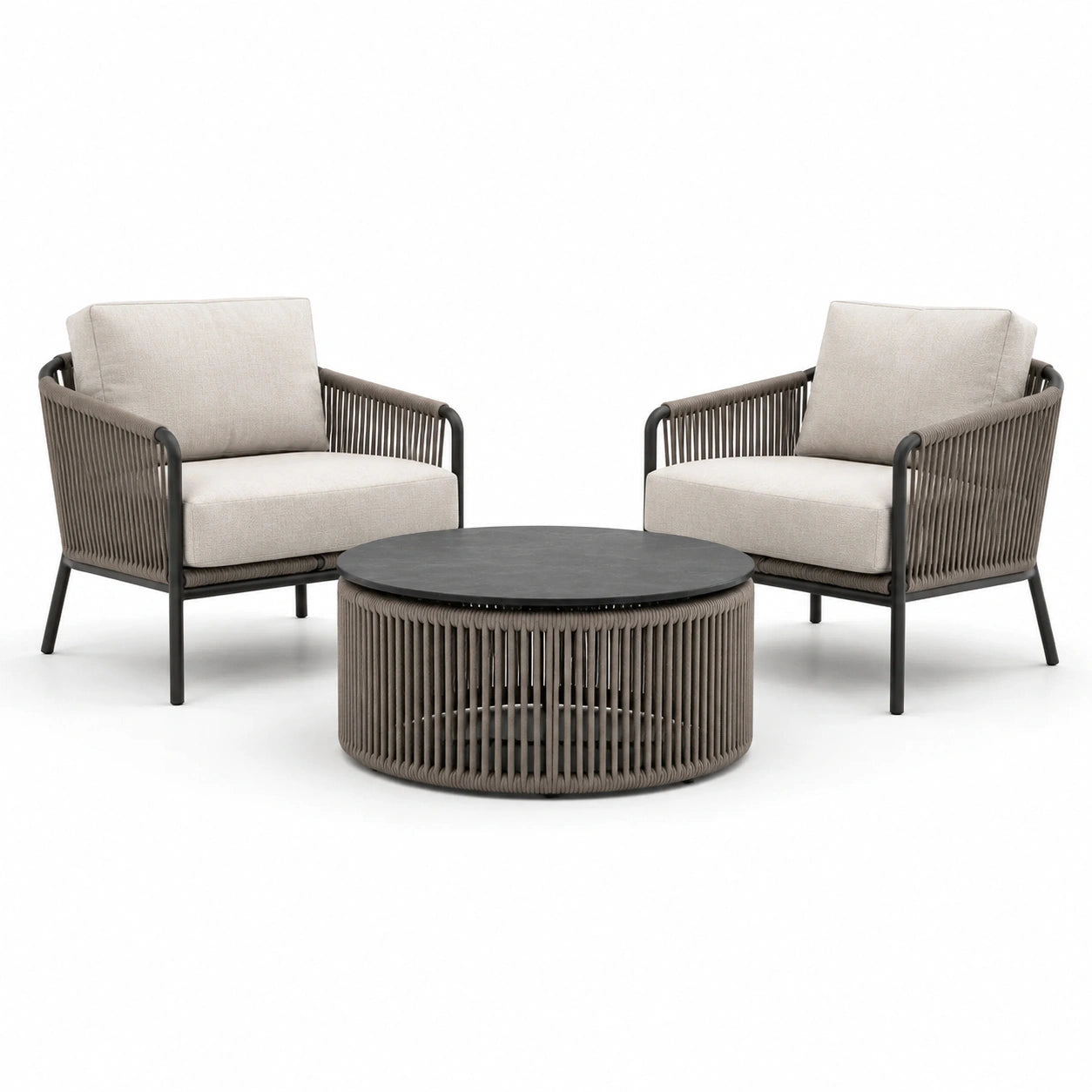 3-teiliges Gartenmöbelset mit 2 Sesseln 74 × 76 × 79 cm und Rundtisch Ø 80 × 38 cm, Beige, Taupe und Anthrazit