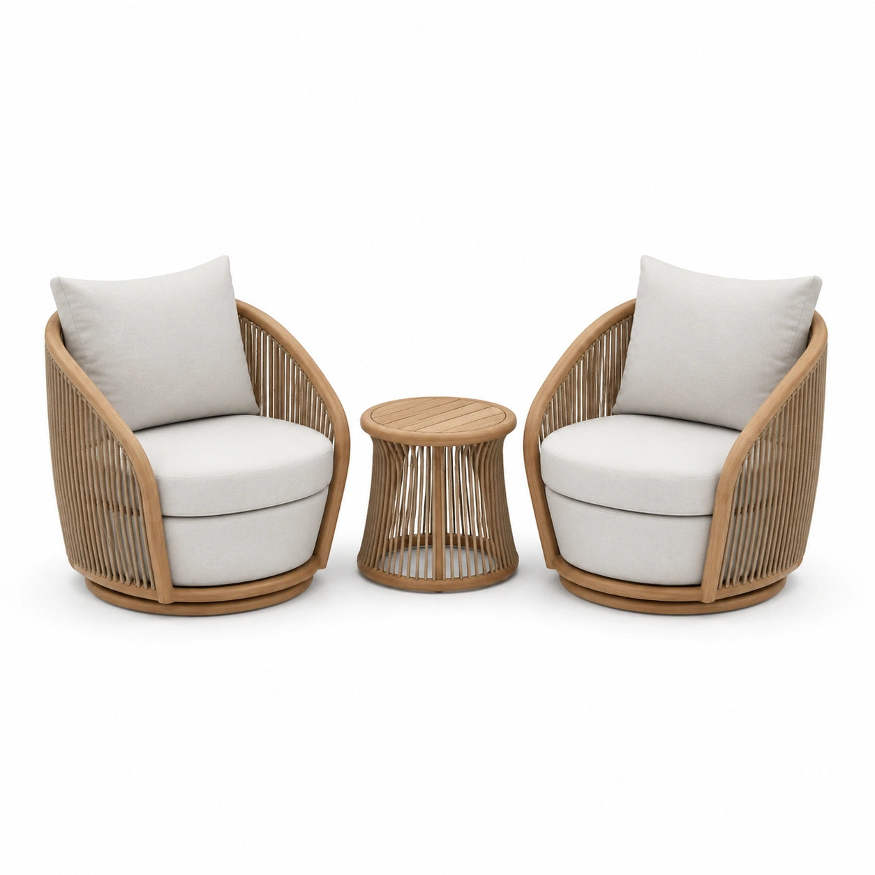 3-teiliges Loungeset Natur/Weiß, 2 Sessel je 82 × 78 × 82 cm und Beistelltisch Ø 50 × 48 cm