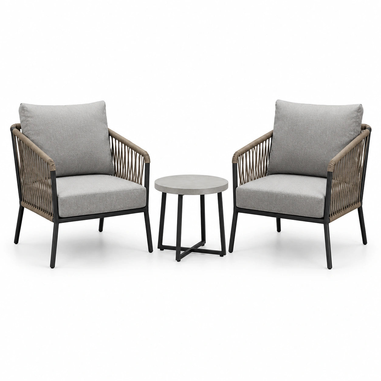 3-teiliges Gartenmöbel-Set mit 2 Sesseln 74 × 76 × 84 cm und Beistelltisch Ø 50 × 45 cm, Grau/Taupe/Schwarz