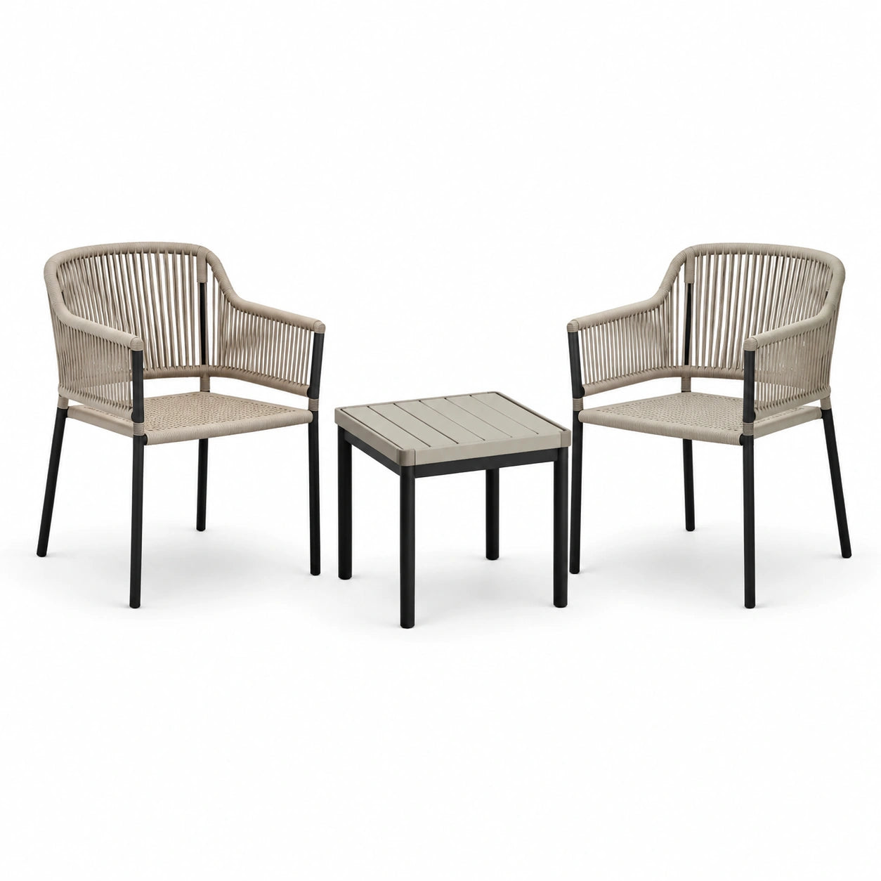 3-teiliges Gartenmöbel-Set in Taupe und Schwarz mit 2 Armlehnstühlen 58 × 60 × 82 cm und Beistelltisch 45 × 45 × 45 cm