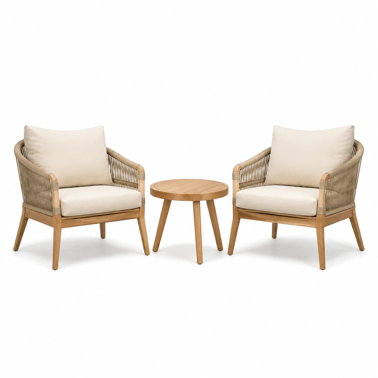 3-teiliges Gartenmöbel-Set aus Holz und Geflecht, 2 Sessel je 75 × 78 × 84 cm, Tisch Ø 55 × 48 cm, Braun/Beige