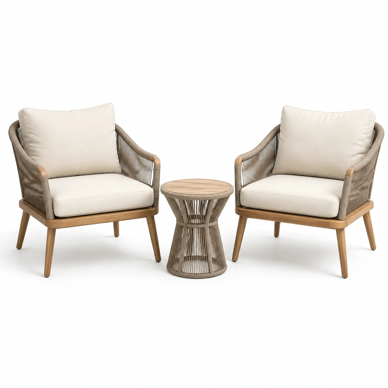 3-teiliges Gartenmöbel-Set mit 2 Gartensesseln 78 × 82 × 82 cm und Beistelltisch Ø 50 × 50 cm, Creme, Beige und Naturbraun