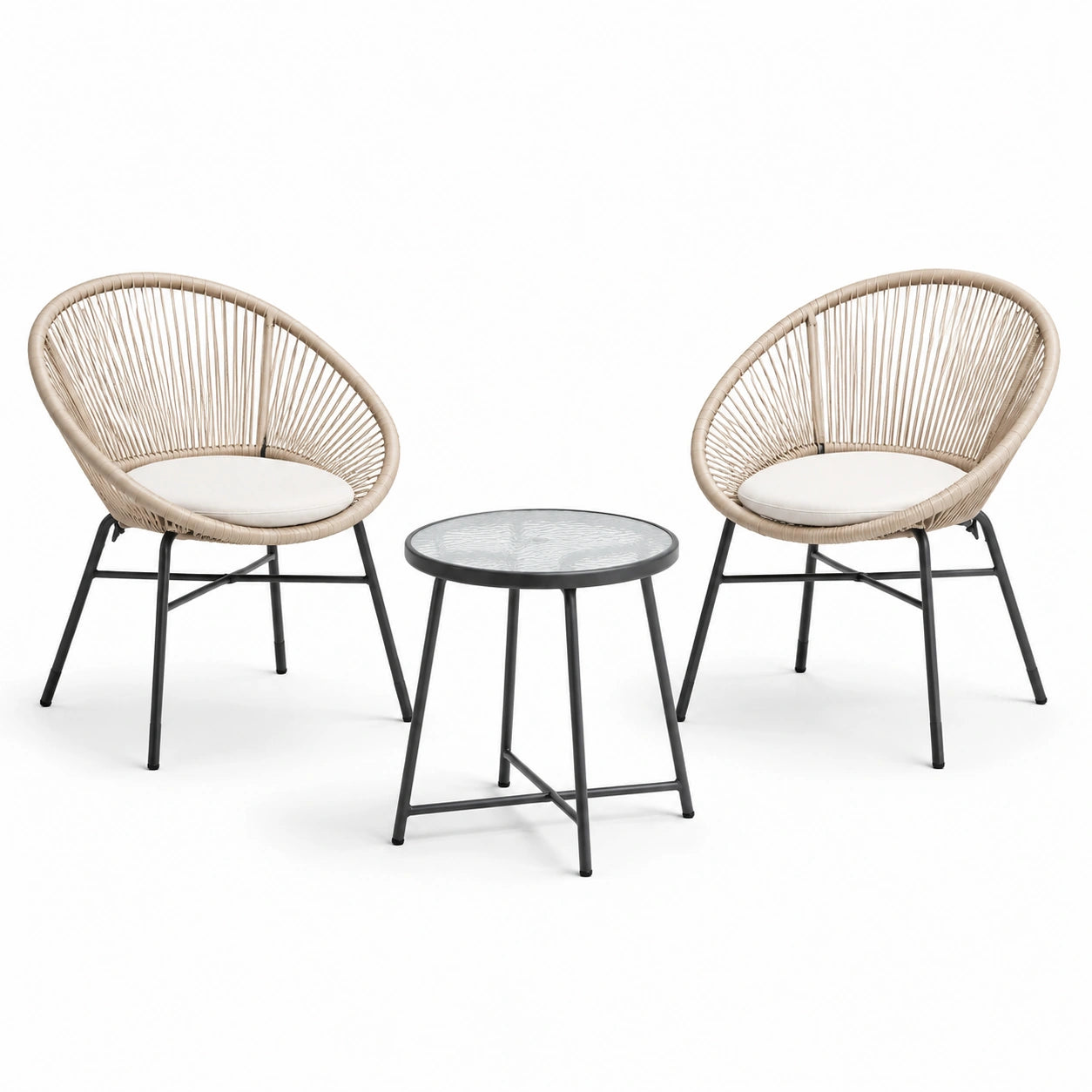 3-teiliges Gartenmöbel-Set mit 2 Sesseln 72 × 72 × 82 cm und Tisch Ø 50 × 45 cm, Beige, Schwarz und Cremeweiß