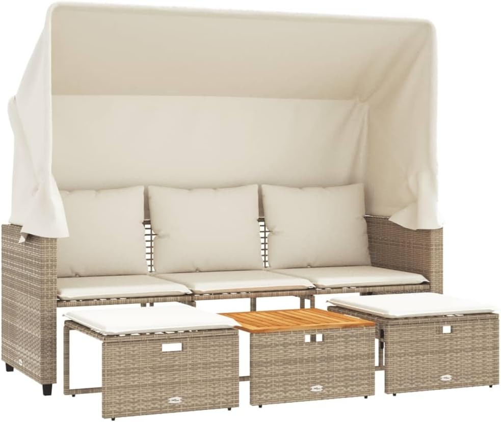 Sofa vidaXL, Beige, Outdoor- 3-Sitzer mit Dach und Hockern Poly Rattan