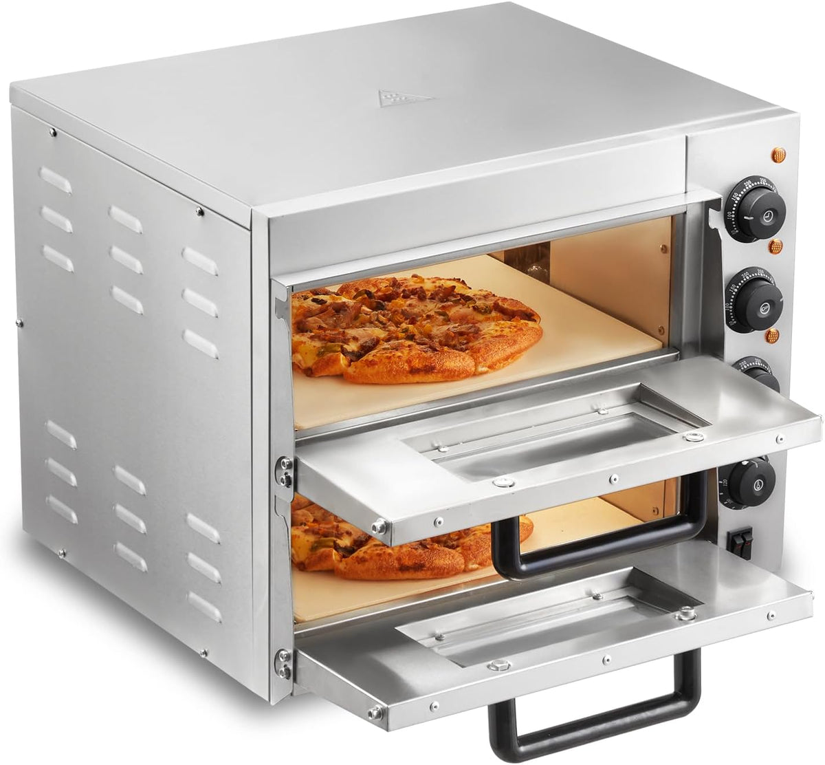 VEVOR Pizzaofen, 356 mm, Silber, Kommerzieller Backofen 2-lagig, elektrischer aus Edelstahl mit vier Drehknöpfen