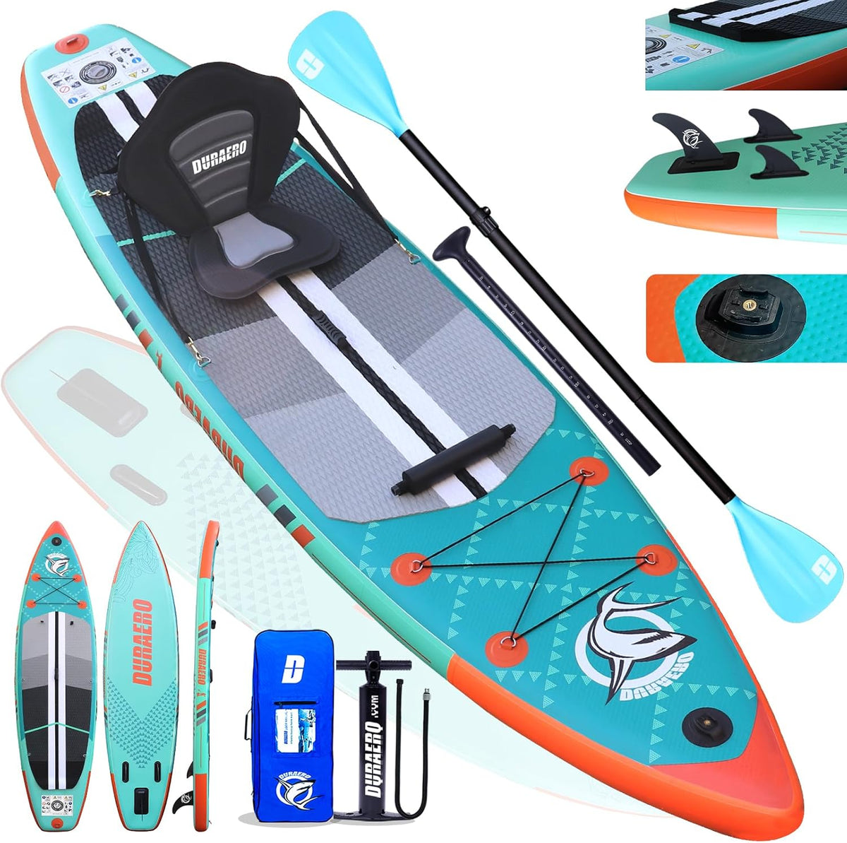 DURAERO SUP-Board, 330x76x15 cm, 150Kg, Weiß, Stand up Paddling Board Aufblasbare SUP Set, Kajak Sitz, Tragkraft bis