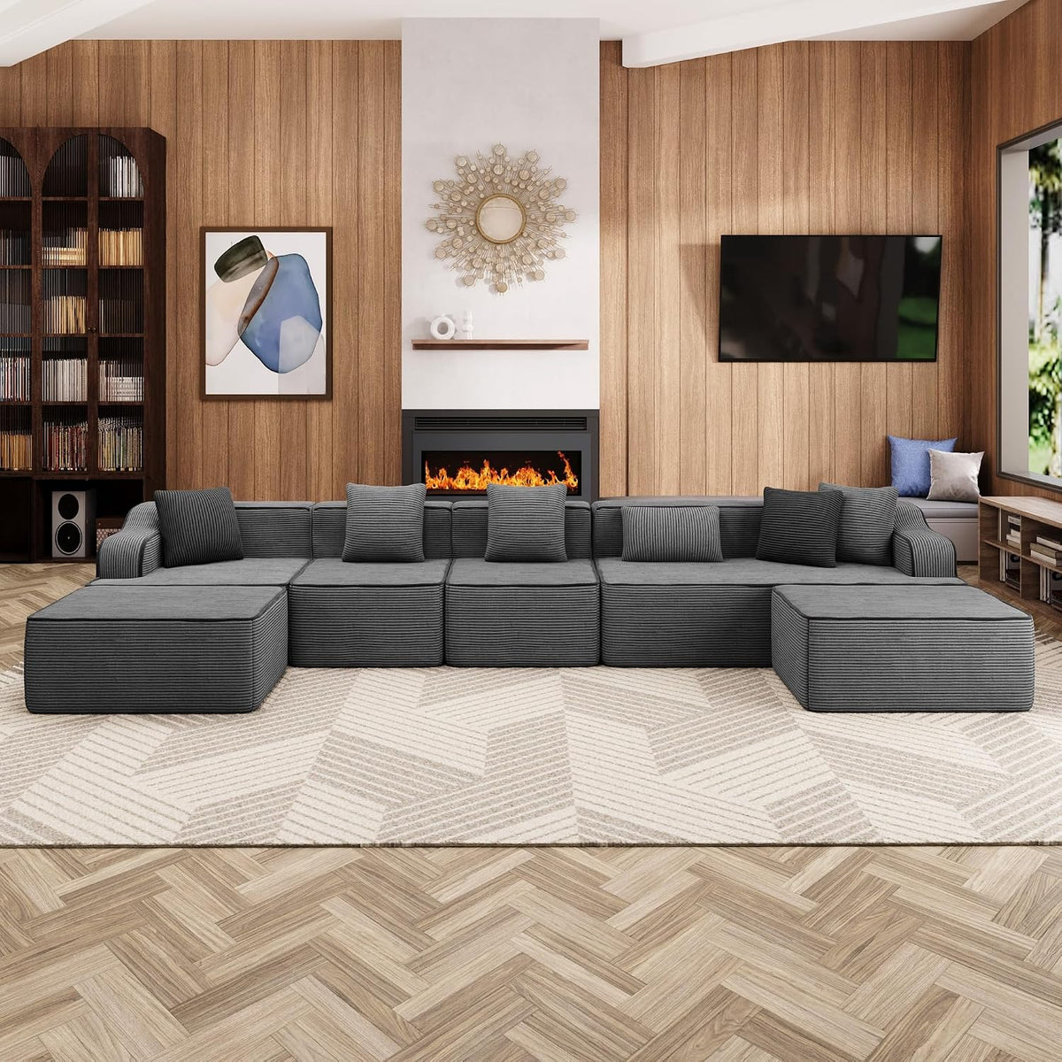 Sofa ALPHA HOME, Grau, Eck mit Schlaffunktion, U-Form 7 Sitzer Boneless Couch, Modulares mit 6 Zierkissen für das Wohnzimmer