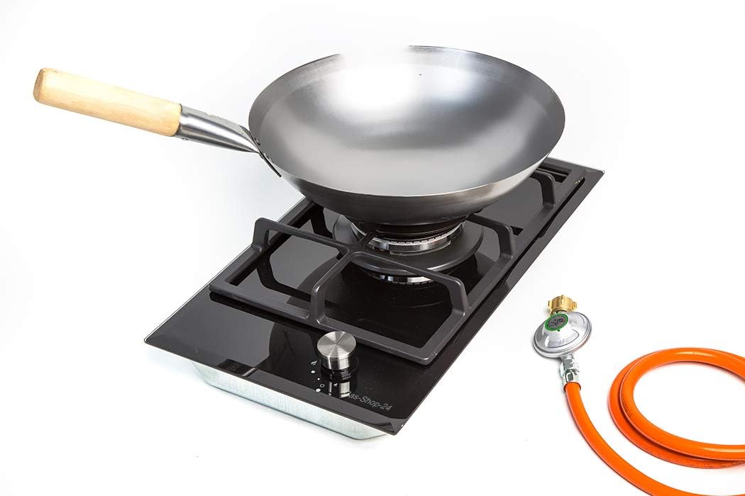 Gas-Shop-24 Gasherd, Schwarz/Silber/Holz/Rot, kochfeld 1 flammig kocher Wokbrenner Einbauherd f. Propan -, Asia Kocher Wok