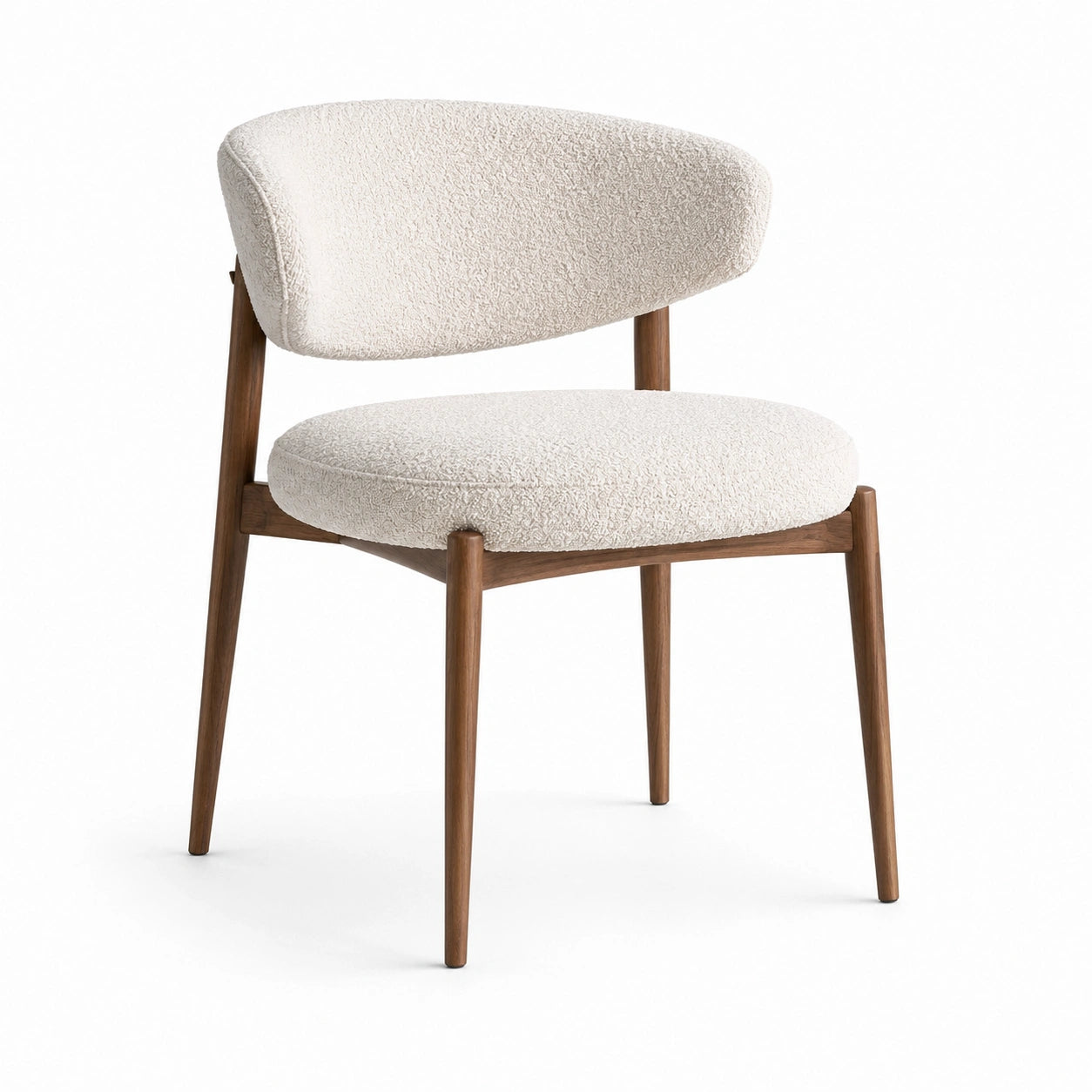 Gepolsterter Esszimmerstuhl mit cremefarbenem Strukturstoff und braunem Holzgestell, 62 × 57 × 79 cm