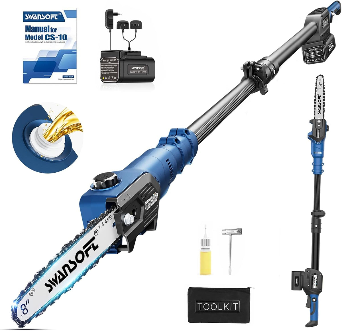 SWANSOFT Kettensäge, 8 Zoll, 2,6 m, 10 m, 600 W, Schwarz, Akku Hochentaster mit /s, 21 V mit 2x4.0 Ah Akkus, Oliven und Gartenarbeit bis 4