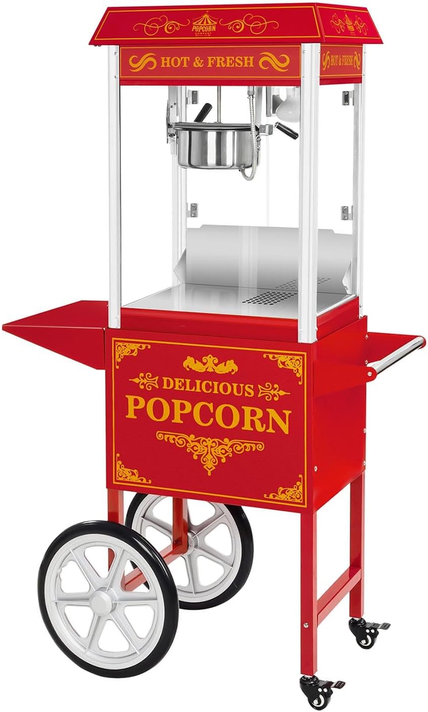 Royal Catering Popcorn-Maschinen, 1500 W, 5 kg, 16 l, Rot, Popcornmaschine (, /h /h, Antihaftbeschichtung) Popcornmaker mit Wagen Retro