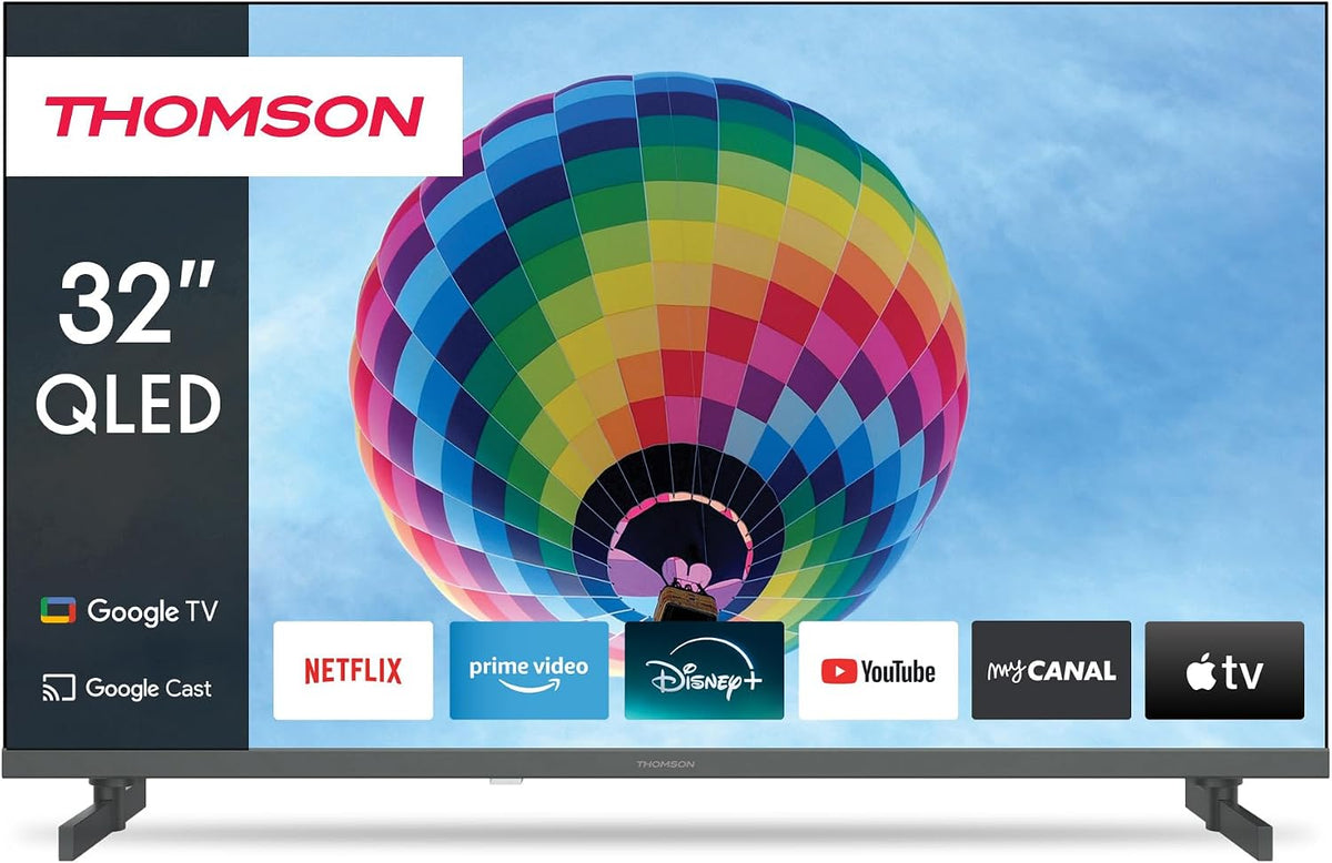 Thomson Fernseher, 32 Zoll, 80 cm, Schwarz, Smart TV, QLED Zentral Füsse Google Smart TV, Wi-Fi, Dolby Audio