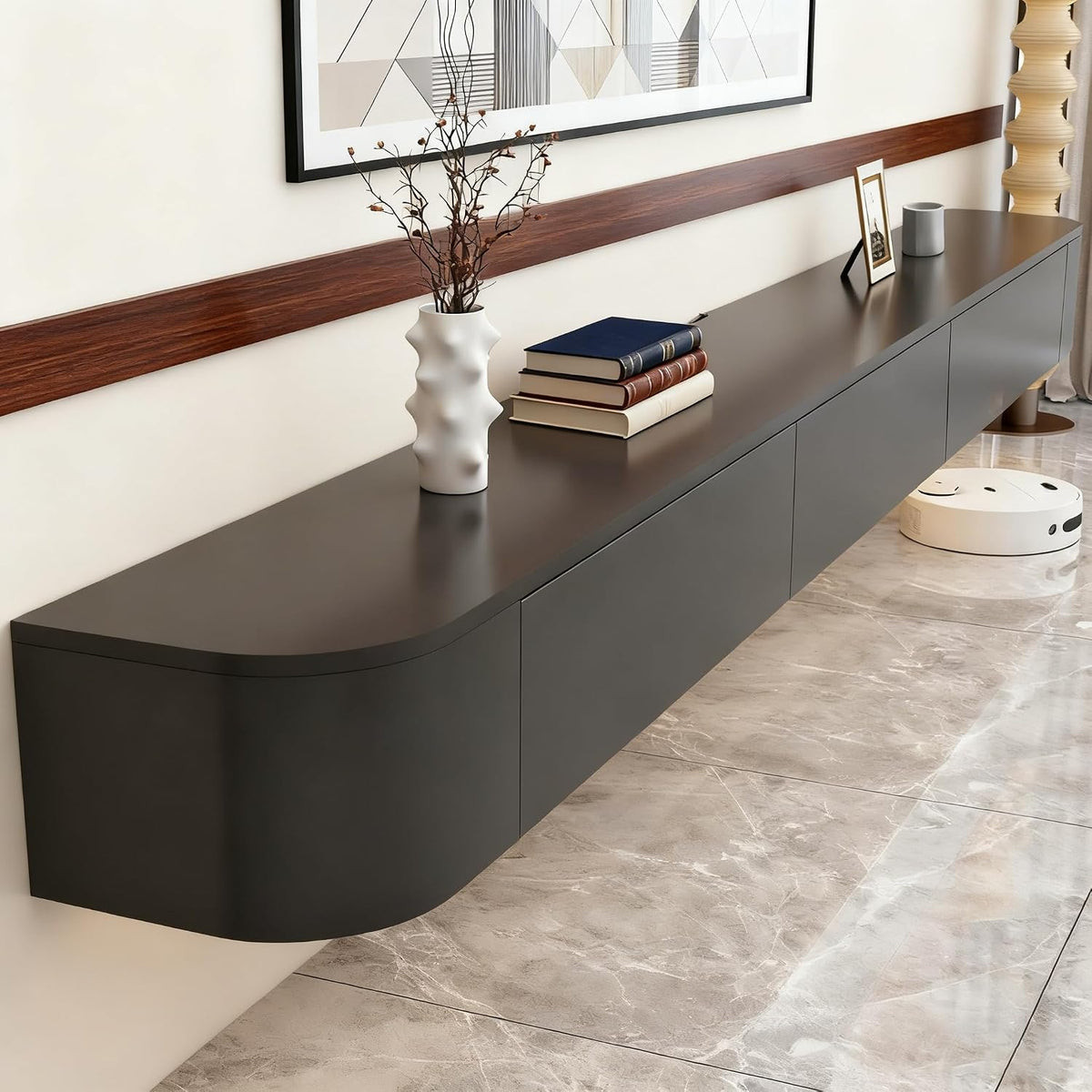 Wrtsxe Fernseher, 160 cm, Schwarz, Schwebende TV-Ständer aus Massivholz zur Wandmontage, Wand-Entertainment-Center mit Lagerschränken